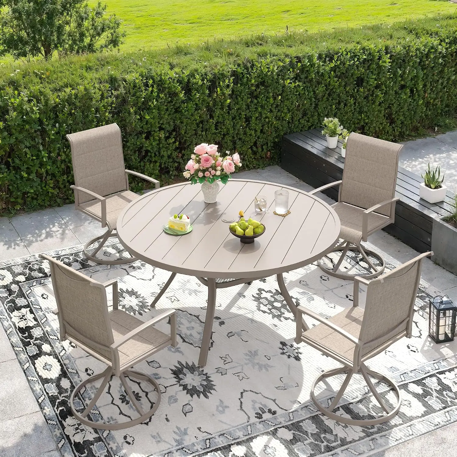 Patio Dining Set 4-Person 47.2" Round Table Padded Swivel Chairs Outdoor Garden Furniture, Customized