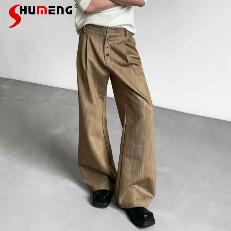 

2026 Men's Spring New Comfort Trousers Trendy High Waist Straight Pants Solid Color Trousers Male Simple Button Decoration Pants