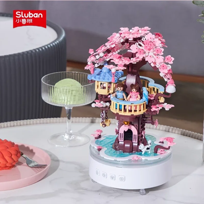 SLUBAN wishing cherry blossom tree music box building blocks princess castle model assembled children's toy birthday gift