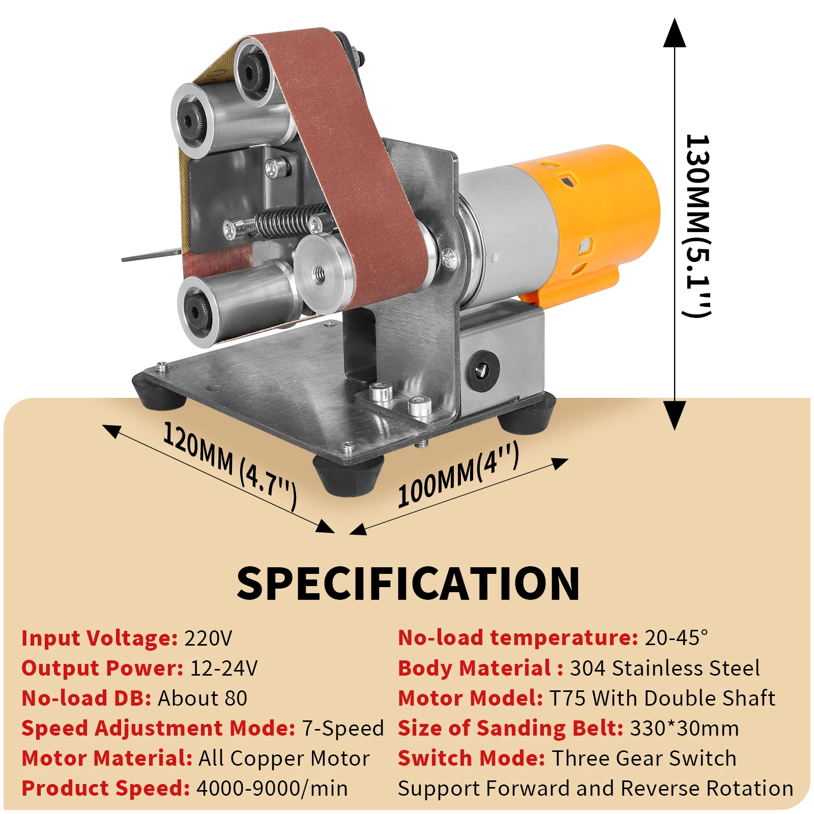 Mini ​​Belt Sander High Speed Electric Polishing Machine Adjustable Belt Grinder for Polishing Metal Blade Wood 110-220V