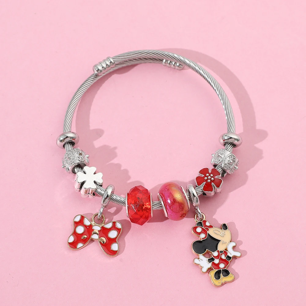 Disney Series Fashionable Cute Mickey Mouse Mickey Red Butterfly Pendant DIY Flower Versatile Beaded Bracelet