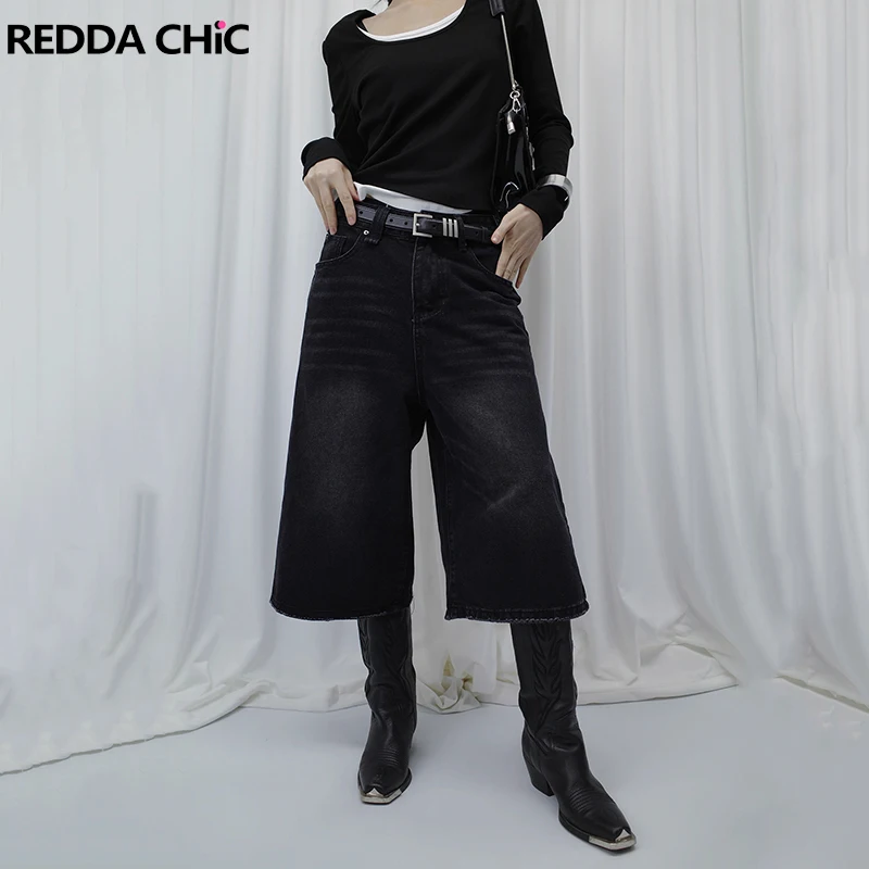 

ReddaChic Women Low Waist Baggy Jorts Unisex Wide Leg Casual Denim Pants Brushed Cropped Black Jeans Cyberpunk Y2k Streetwear