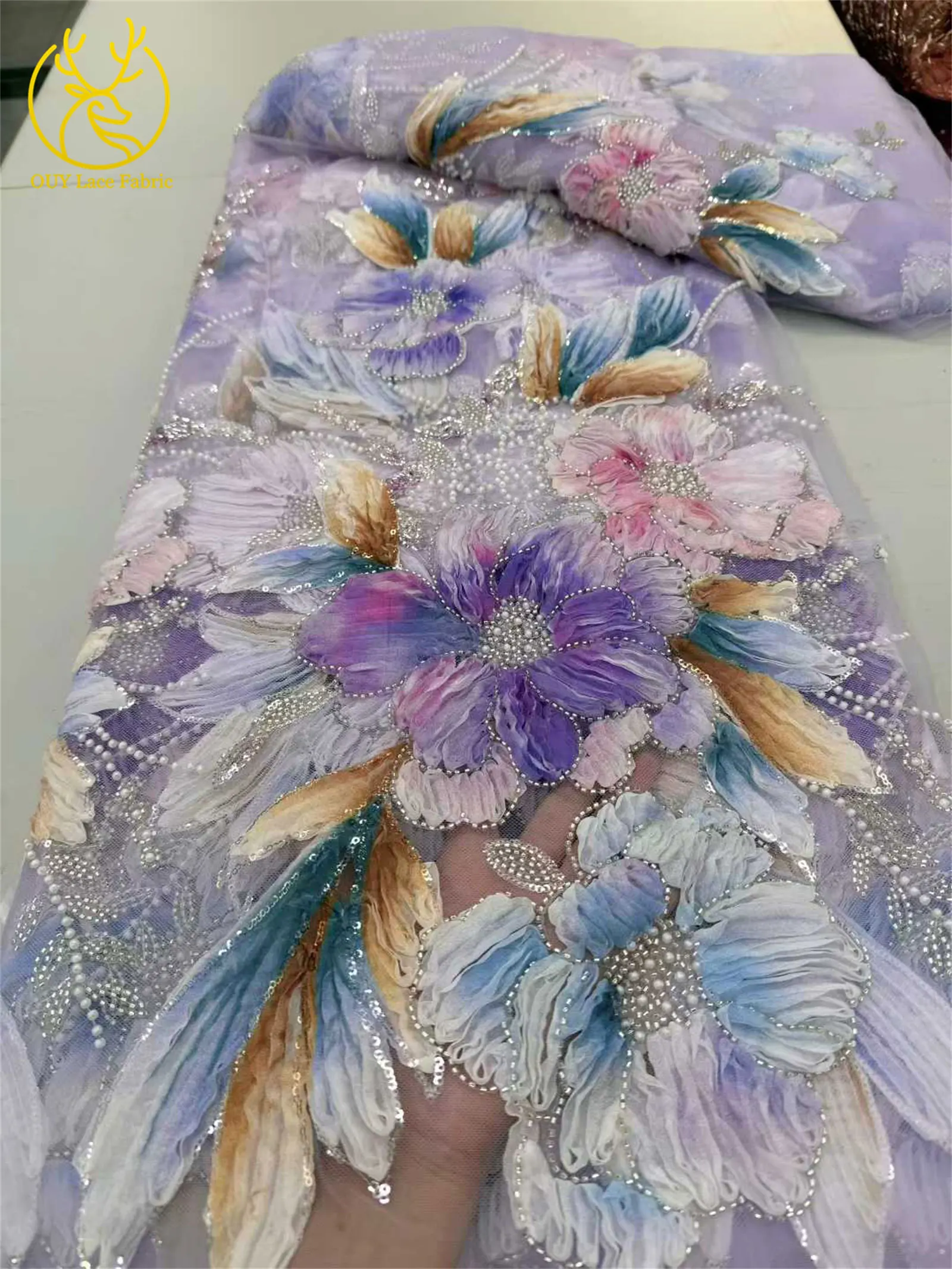 Afrika 3D-Blumenspitzenstoff 2026 Französischer Perlen-Pailletten-Spitzenstoff Nigeria Stickerei Tüll Spitze Brautparty Brautkleider – Detail 12