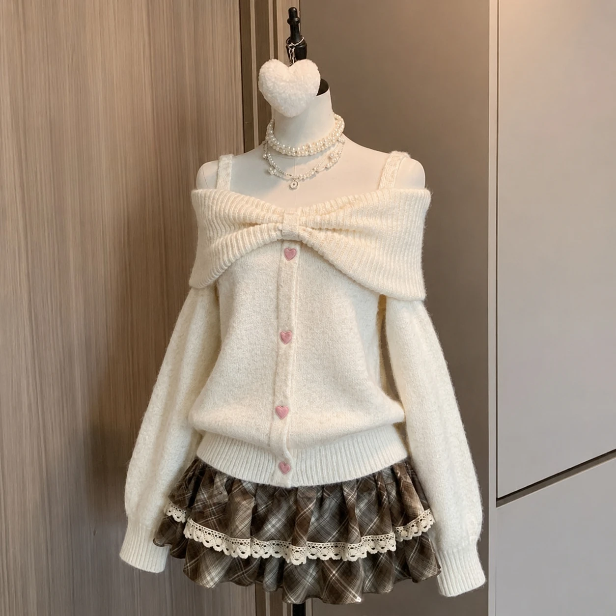 Kawaii Japanese Style 2 Piece Set For Women Solid Knit Sweater Slim Plaid Mini Skirt Y2K Harajuku Fashion Casual Outfit view 6