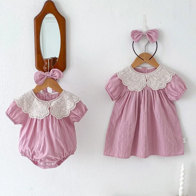 2024 Brand New Baby Girls soft Cotton Dress/Romper+bow Headwear Sister Wear Fashion Lace Collar Birthday Clothes Kids Vestidos