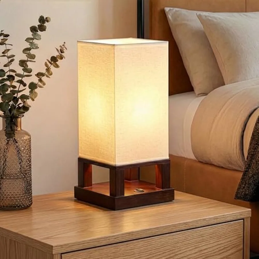 

Maxwell Bedside Lamp with USB Port Compact Table Lamp for Bedroom Living Room - Modern Asian Nightstand Lamp with Wood Frame -