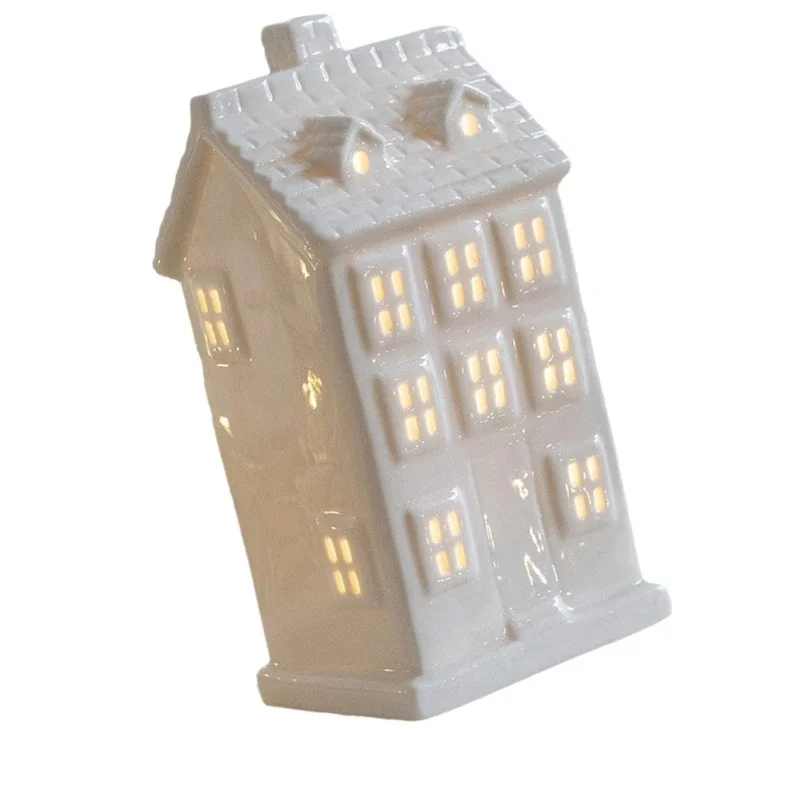 Maison Village Miniature en porcelaine avec lumière LED, Figurine maison scintillante en céramique, décoration bureau