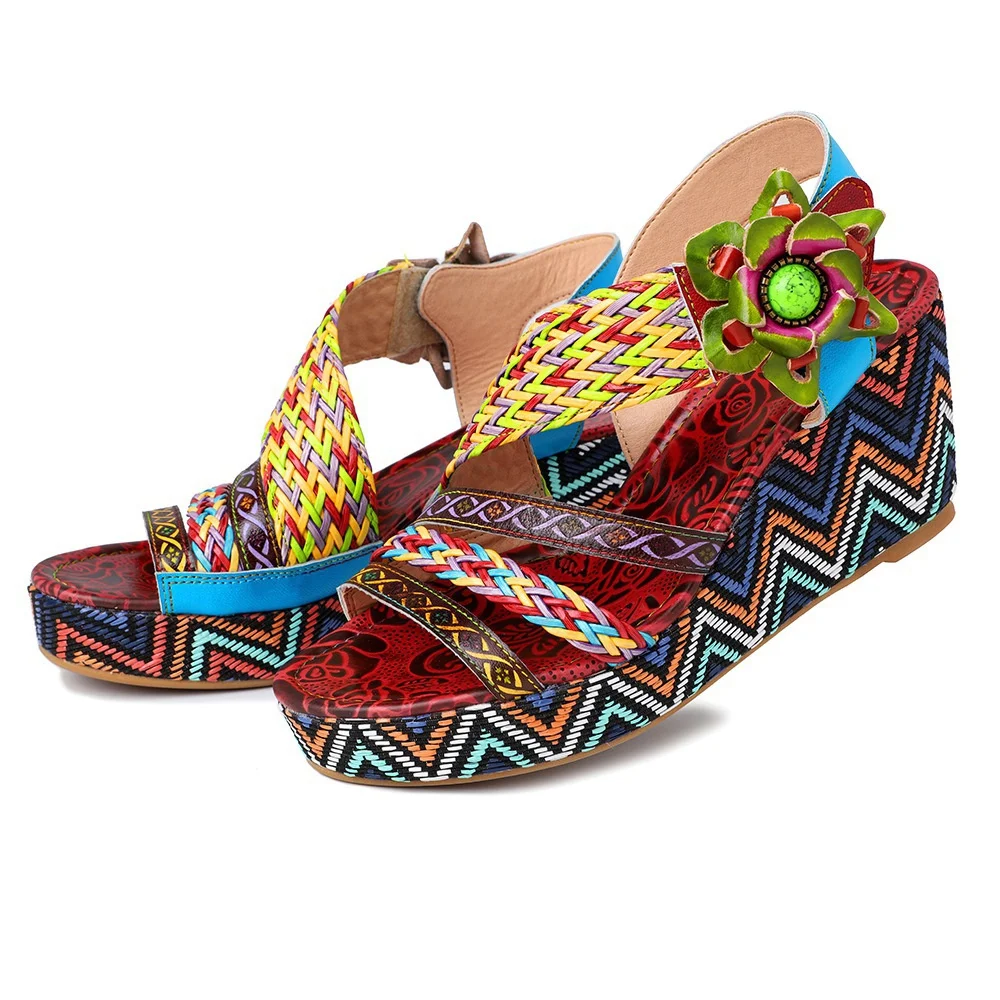 

Super comfortable platform open toe wedge sandals new retro ethnic style woven women's shoes