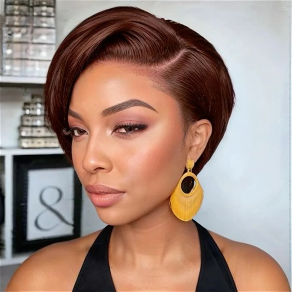 Brown Short Straight Pixie Cut Wigs Bob Human Hair Wigs 13x4 Transparent Lace Wig Natural Pre plucked 180% Brazilian Human Hair