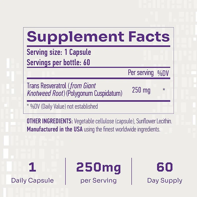 Trans Resveratrol Supplement - Over 98% Per 250mg, Antioxidant, Vegetarian, 60 Capsules
