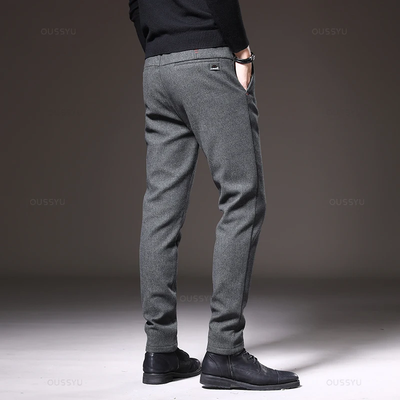 Mingyu Brand Winter New Men\'s Warm Casual Pants Business Fashion Fleece Thick Office Stretch Blue Trousers Male Plus Size 28-38