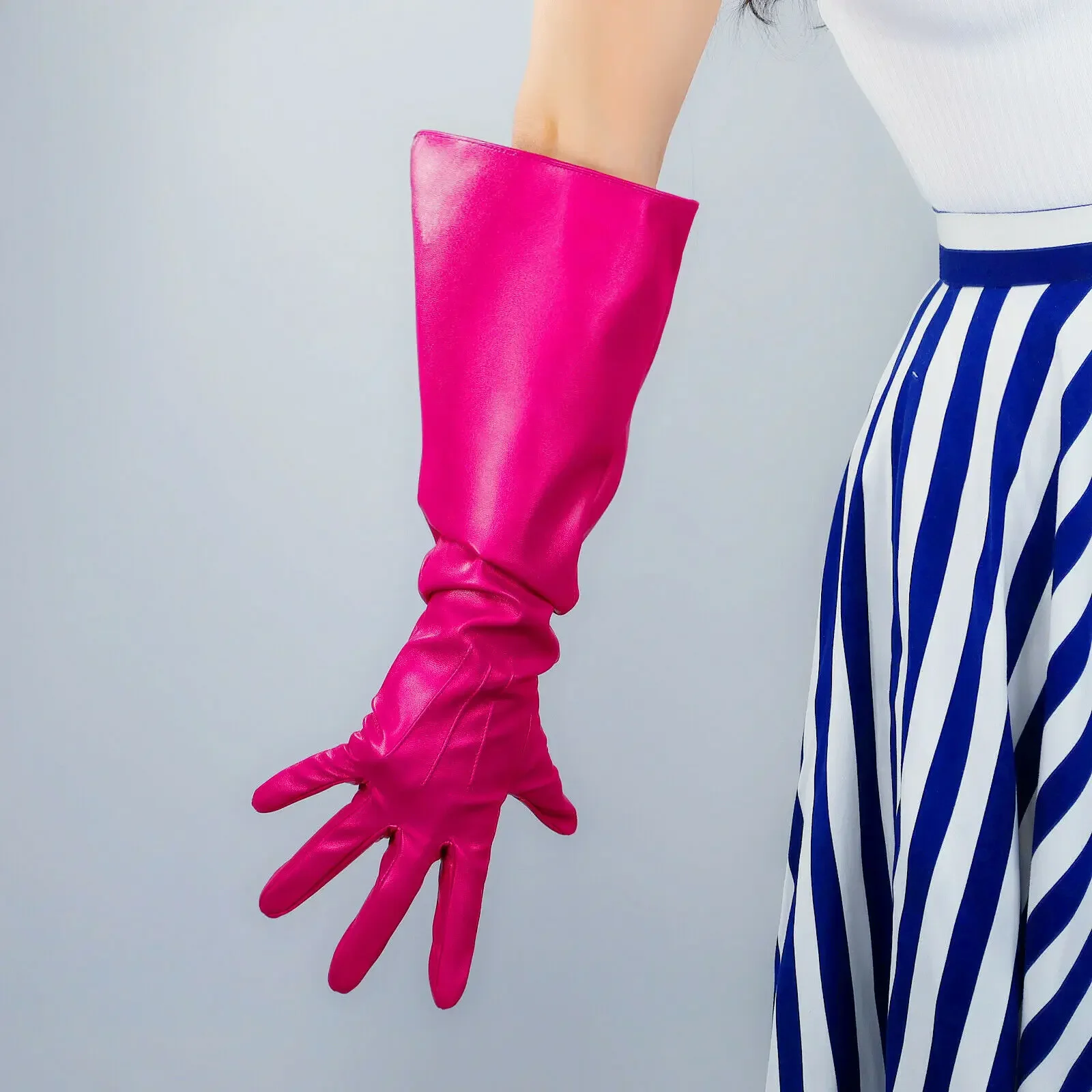 Sarung Tangan Panjang Warna Pink Mawar Fuchsia, Lengan Mengembang Ukuran Besar 50cm di Atas Siku, Bahan Kulit Imitasi, Kostum Halloween, Pesta Malam