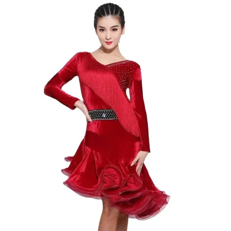 2023 Latin Dance Dress Sexy Tassel Dresses Set Adult Women \'s Autumn Winter New Long Sleeve Professional Performance Dress