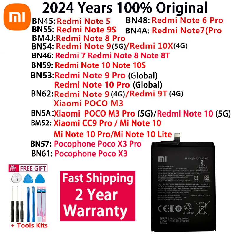 

100% Original High Quality Battery For Xiaomi Redmi Note 5 6 7 8 8T 9 9T 9S 10X 10 10S POCO M3 X3 CC9 Pro Lite Batteries Bateria