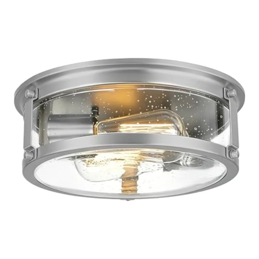 

Flush Mount Ceiling Light, 2-Light Metal Cage Ceiling Light Fixture, Brushed Nickel Flush Mount Light with Seeded Glass Shade f