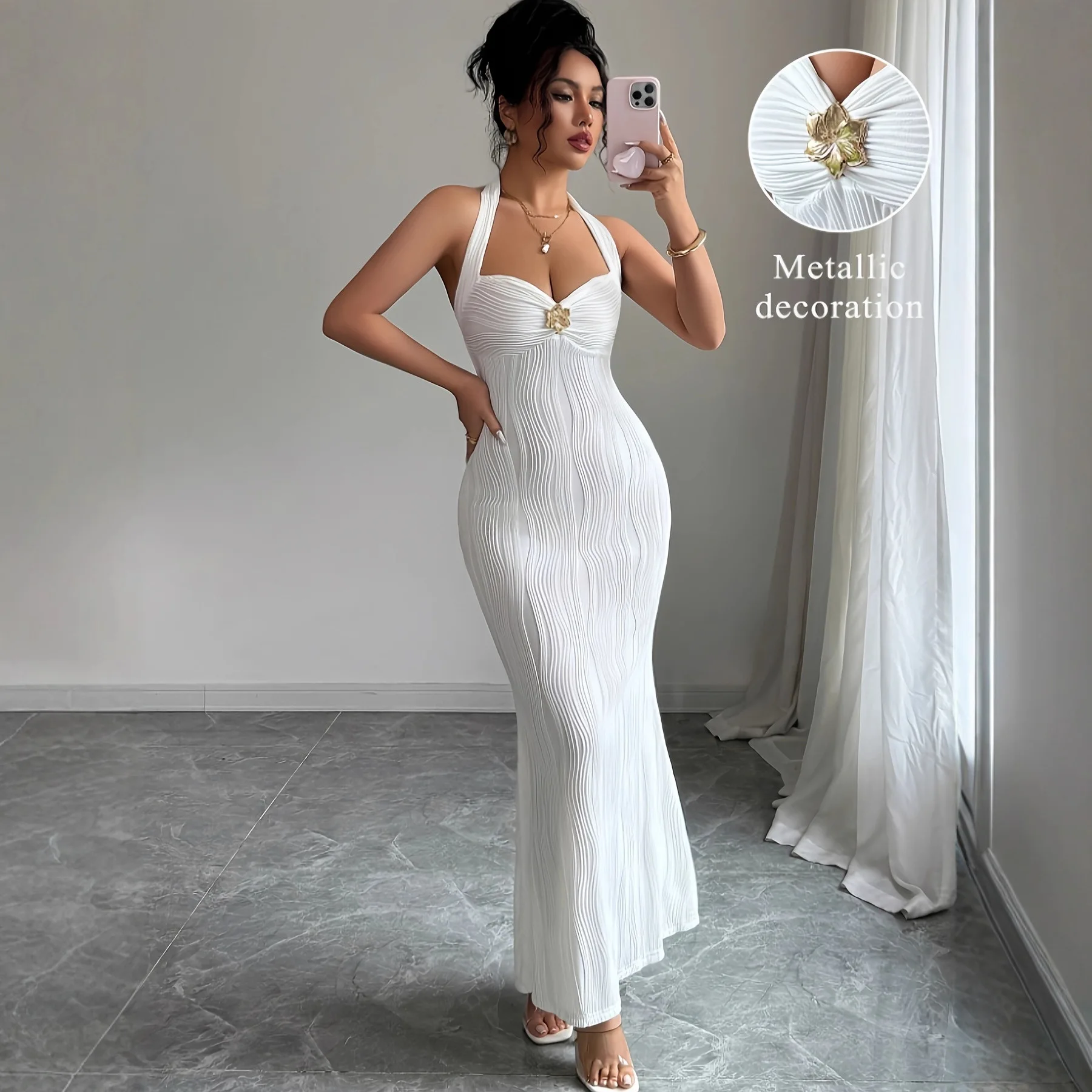 Summer Women's Elegant Textured Solid Color Tie-neck Metal Appliqué Slim-fit Long Fishtail Dress Dresses For Women Maxi Y2k、