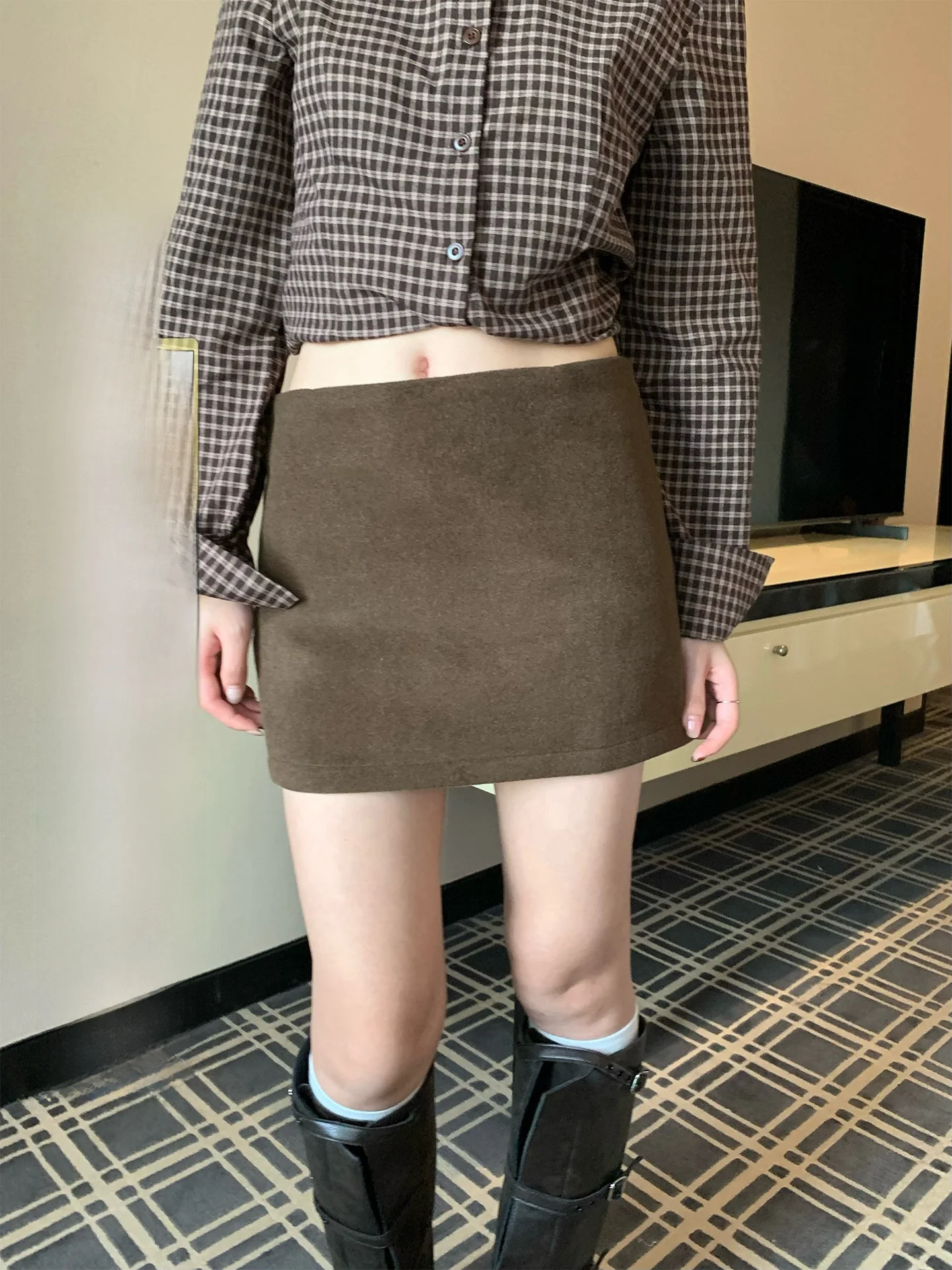

High Waist A-Line Skirt Women's Korean Sle Woolen Coffee Color Slimming Spring Summer Faion Casual Skirt
