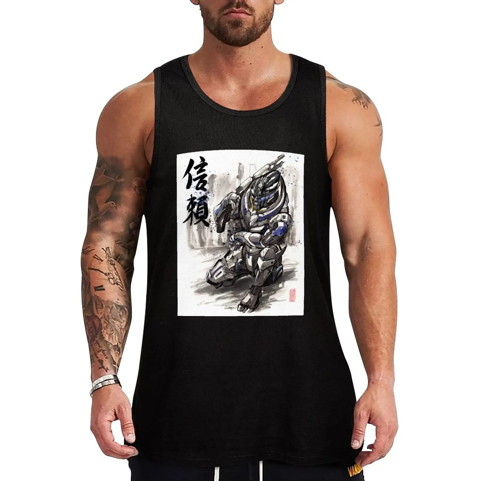 Mass Effect Garrus Sumie style with Japanese Calligraphy Tank Top sleeveless shirts bodybuilding t-shirt