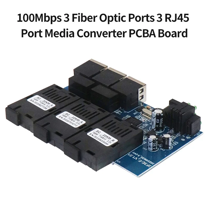 Interruptor de fibra Ethernet de 100M, convertidor de medios ópticos, placa PCBA, 20Km, 3 RJ45, compatible con RPOE, Simplex, SC