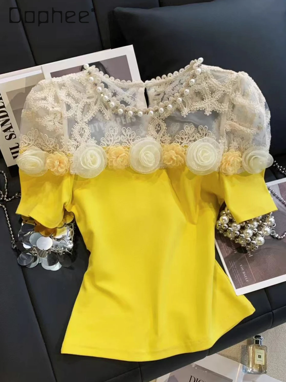 

Summer New Sweet Three-Dimensional Flower Beaded Lace Printed Short-Sleeve Shirt French Elegant Light Luxury Socialite Top Women