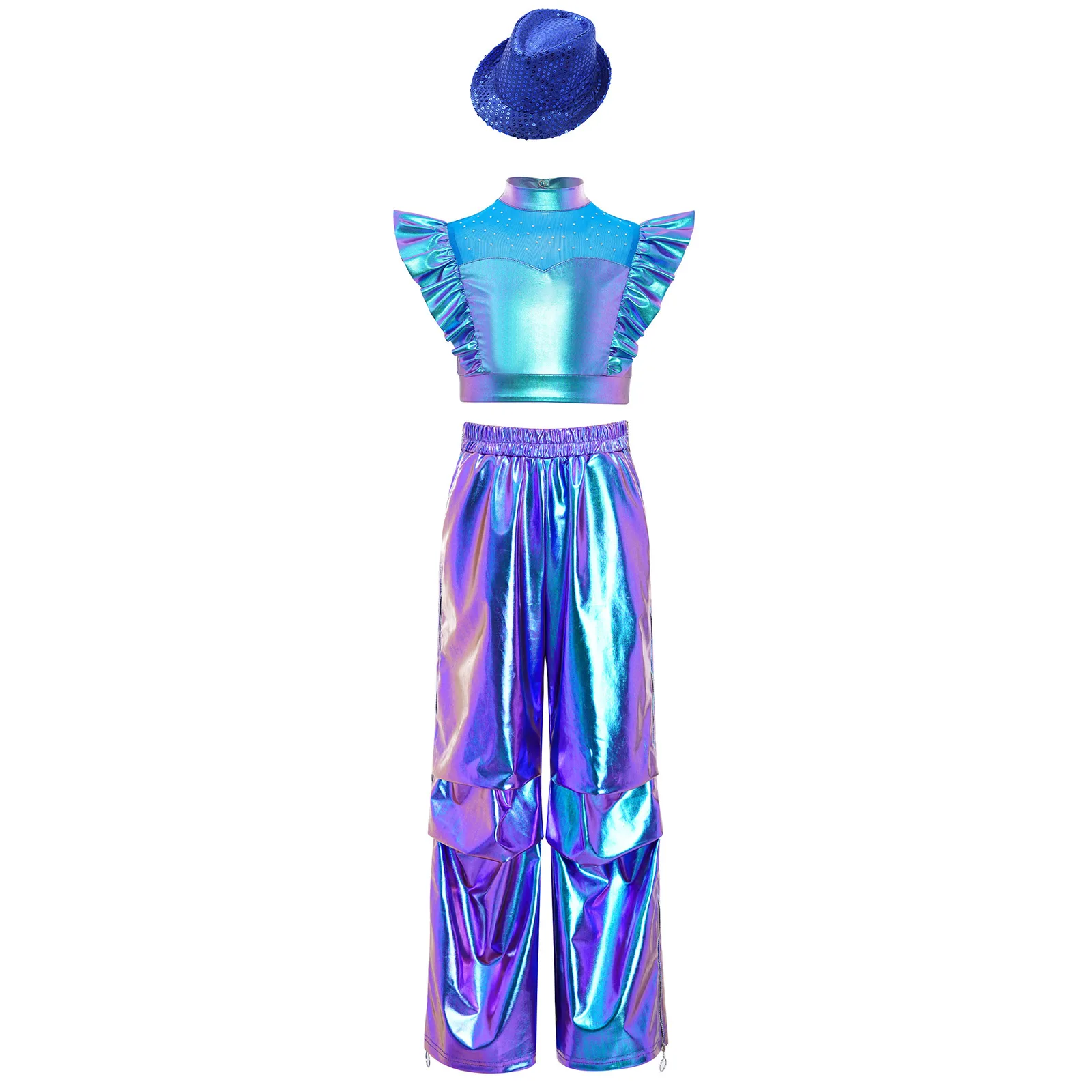 Children Girls Jazz Hip Hop Street Dance Outfit Sleeveless Mesh Rhinestone Adorned Metallic Crop Top+Cargo Pants+Sequins Hat Set