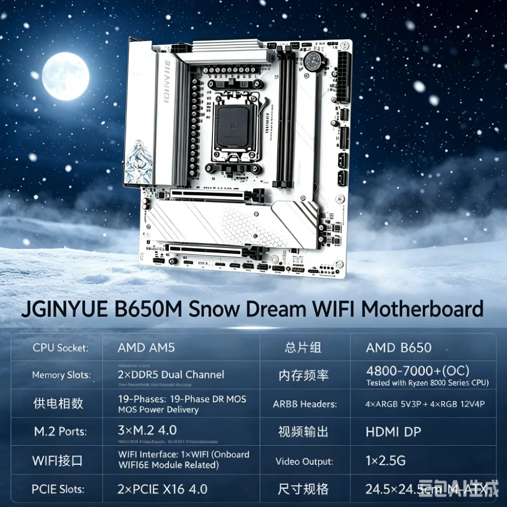 JGINYUE B-650M Snow Dream Motherboard AM5 DDR5 for  AMD Ryzen 7000/8000/9000 Series CPU 19-Phase Power WiFi 6 White Gaming