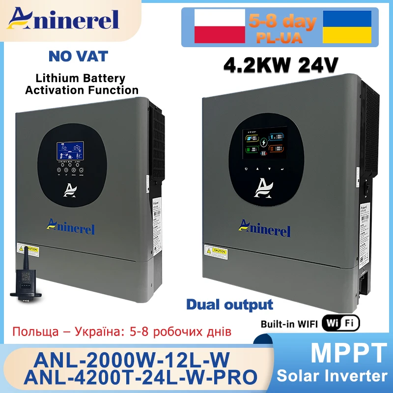 Aninerel 2KW 4KW 24V Hybrid Inverter Dual output 2KW 12V 220V Solar Charge Controller MPPT 60A 100A PV 160VDC-500VDC