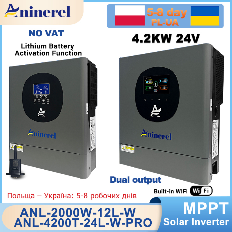  Aninerel 2KW 4KW 24V Hybrid Inverter Dual output 2KW 12V 220V Solar Charge Controller MPPT 60A 100A PV 160VDC-500VDC 