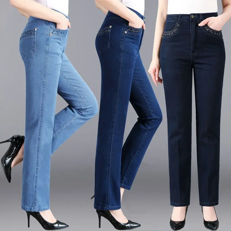 Oversized 38 Mother Jeans with Spring New Embroidery Pockets High waisted Loose Straight leg pants Women\'s Casual Denim Trousers