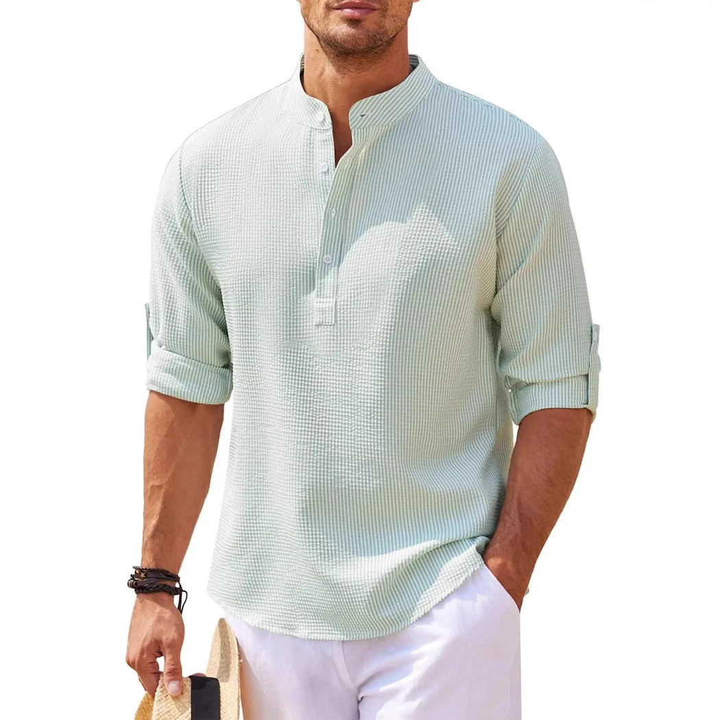 Men's Sweatshirts Long Sleeve Stand-Up Collar Open Button  Plaid Shirt Male Spring Autumn Solid Color Casual Stripes Pullovers