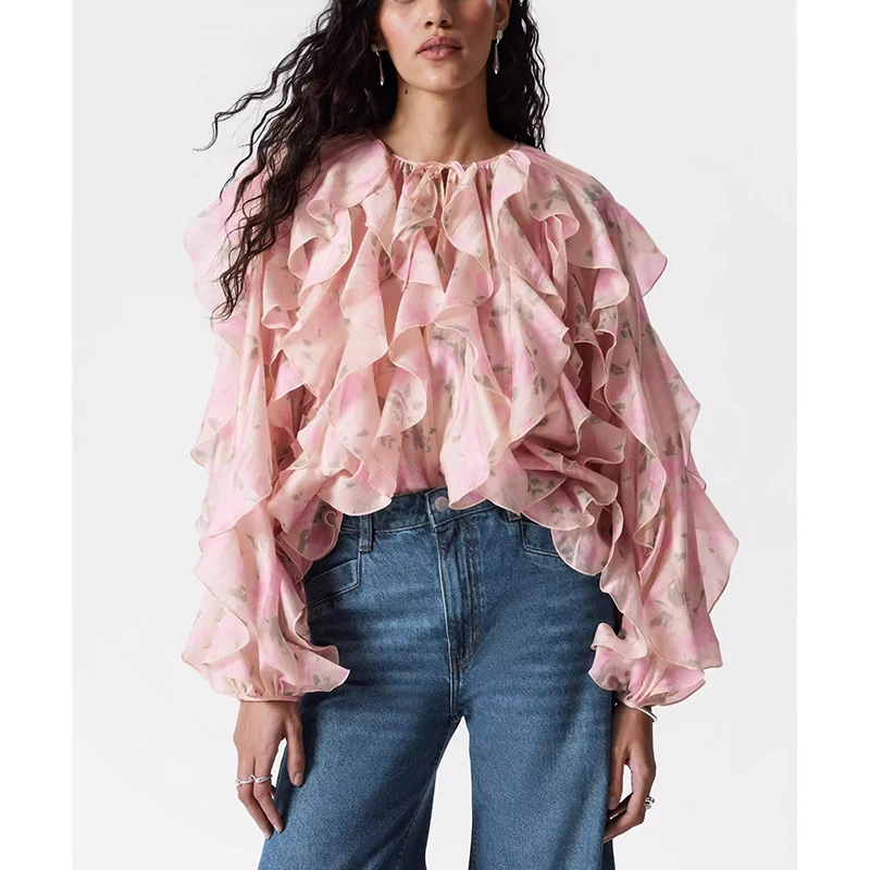 Słodki kwiatowy wzór, długa bluzka, wiosna-lato, nowość, damski top, plisowany, do pracy, luźny krój, okrągły dekolt.