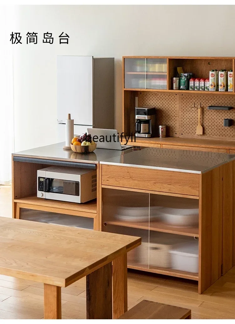 T Island kitchen stainless steel plate solid wood dining side cabinet retractable table integrated storage bar