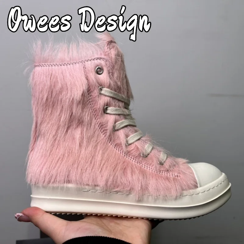 

Men's Horse Fur Sneakers Luxury Designer Zipper Ankle Boots High-tops Women Thick Soled Quality Leather Lace-up Fashion Shoes
