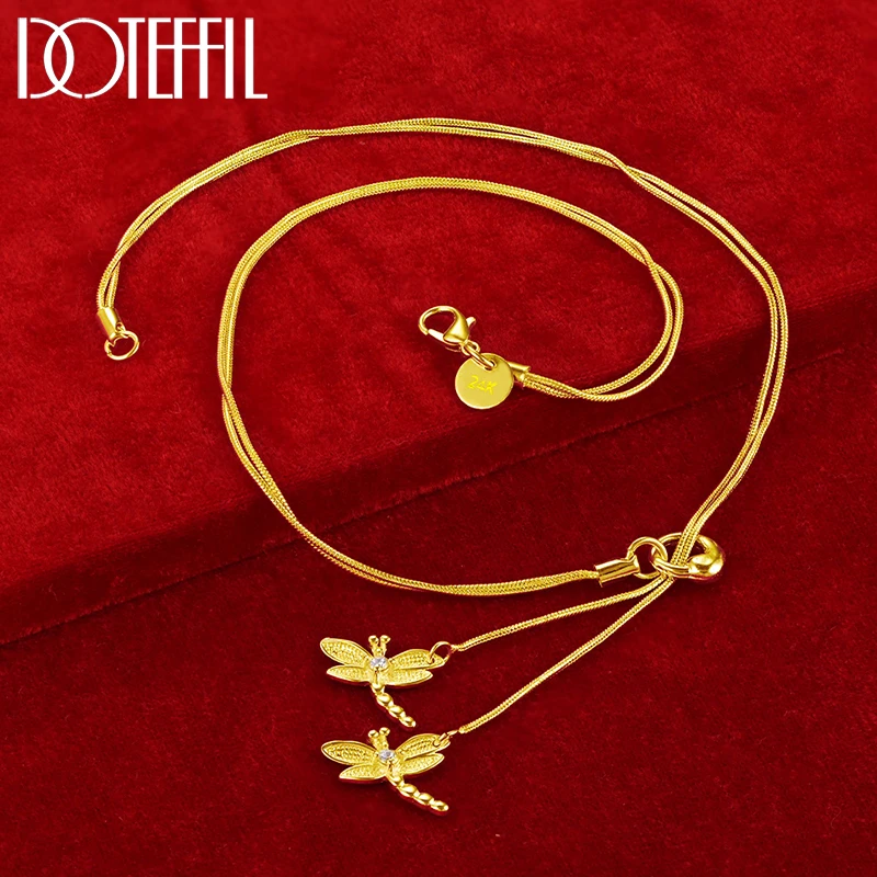 DOTEFFIL 18K Gold Two Dragonfly Pendant Necklace For Women Snake Chain Necklace Wedding Engagement Jewelry