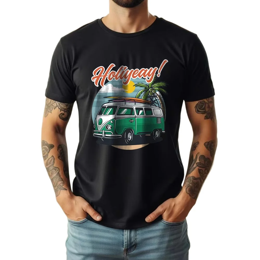 New Summer 100% Pure Cotton T-Shirt Retro VW Bus Beach Surf Graphic Street Cool Casual Tee Breathable Short Sleeve