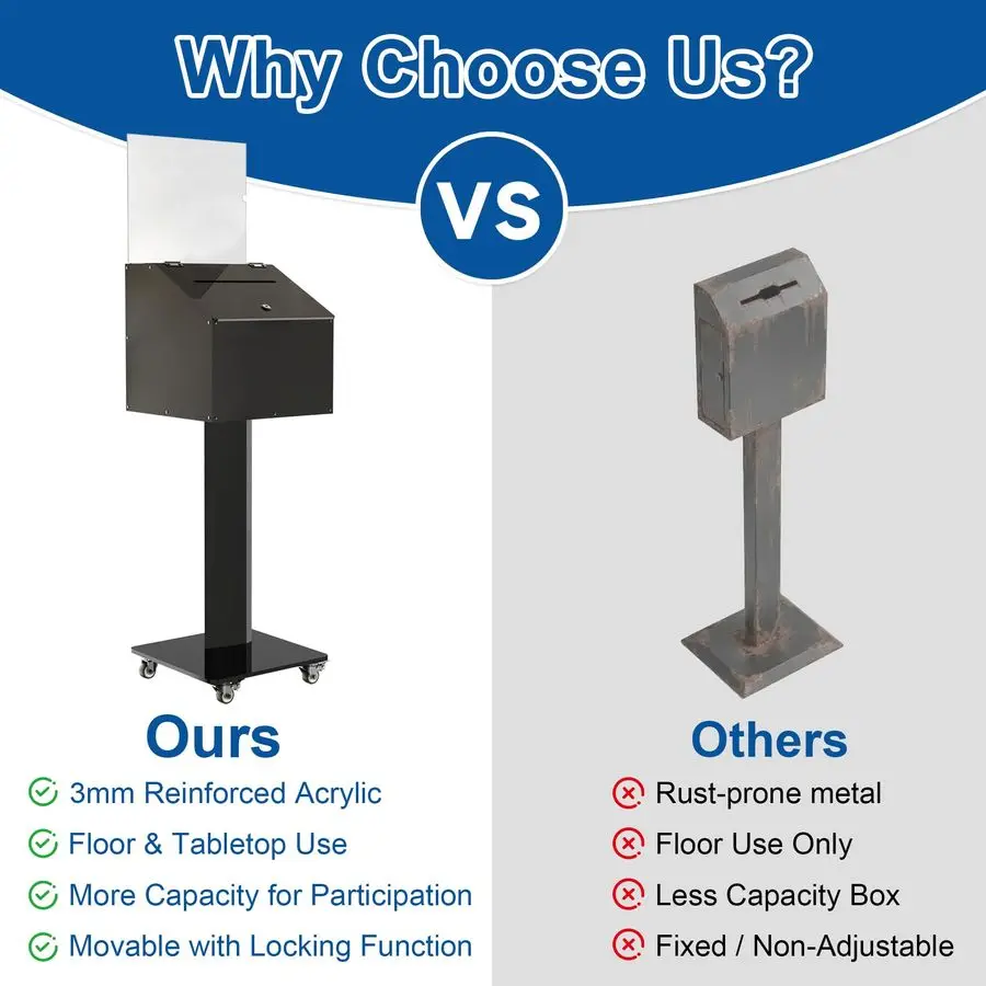 صندوق اقتراحات أكريليك كبير مع قفل 39.6 13.8 13.8، صندوق تبرع قائم على الأرض مع حامل لافتة، صندوق الاقتراع للتصويت، شار