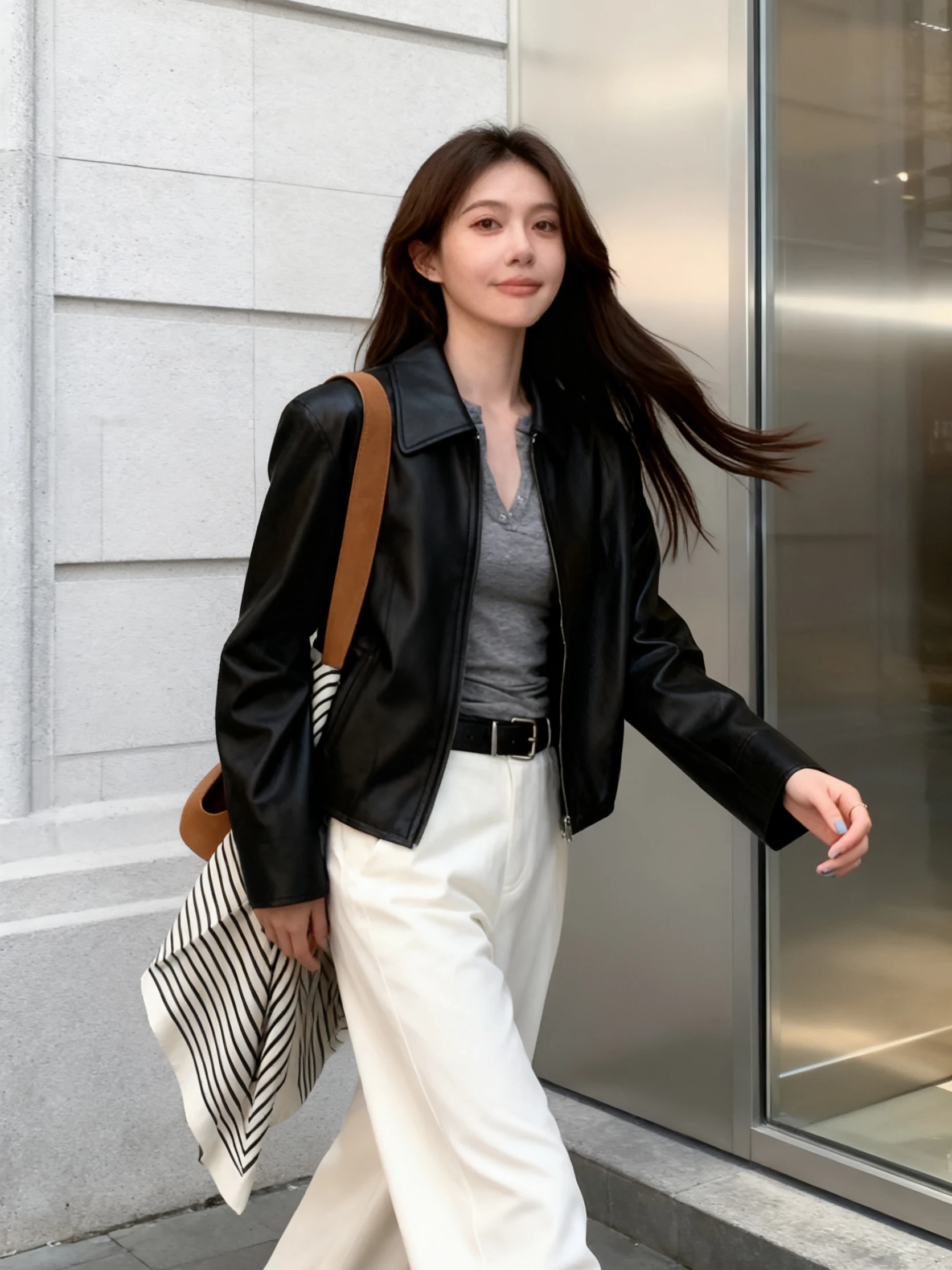 

Classic ort oulder Biker Jaet Women's Bla Stand Collar Leather Coat Spring Autumn Sli Commute Sle Loose Fit