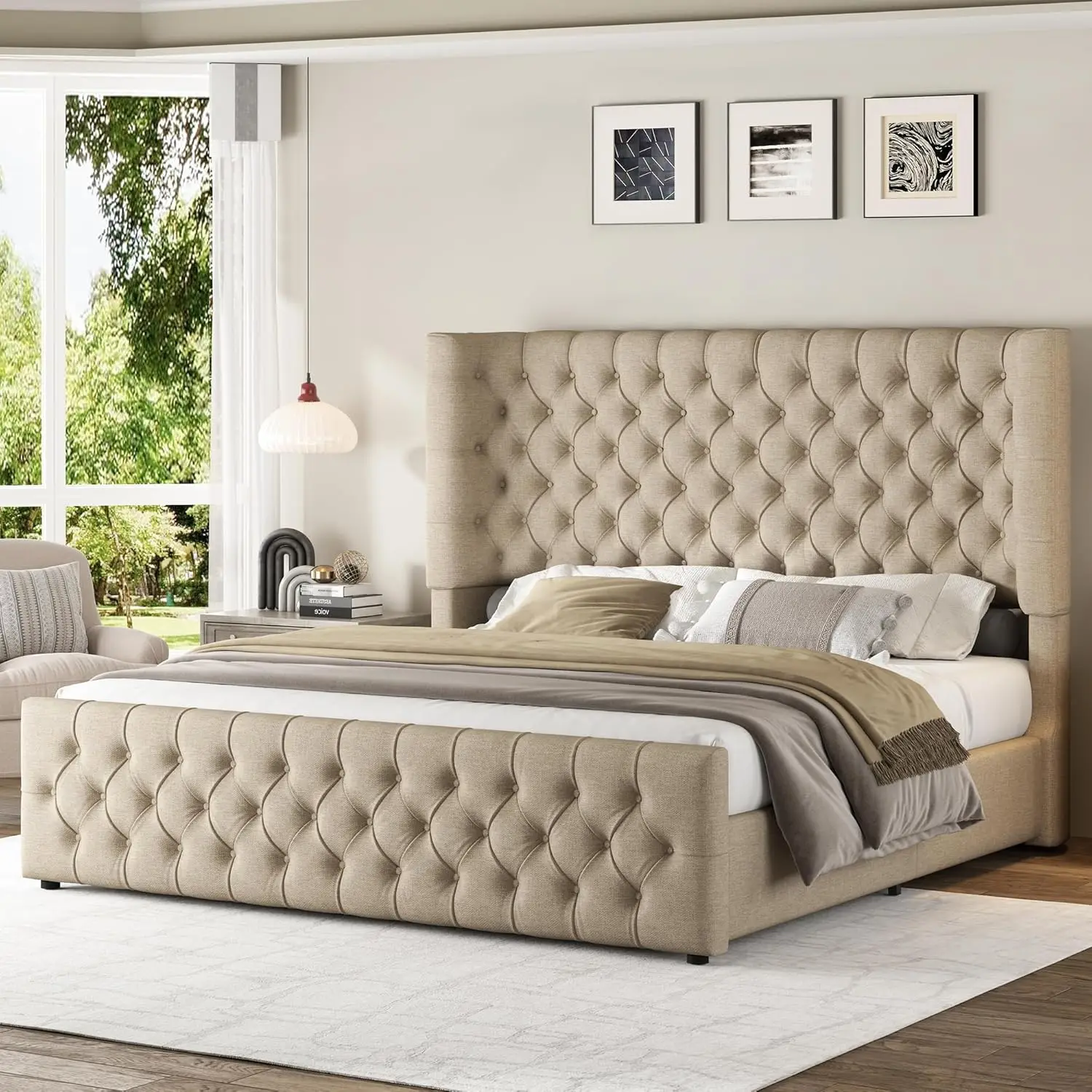 Linen Upholstered Queen Bed Frame Wingback Headboard Footboard 49