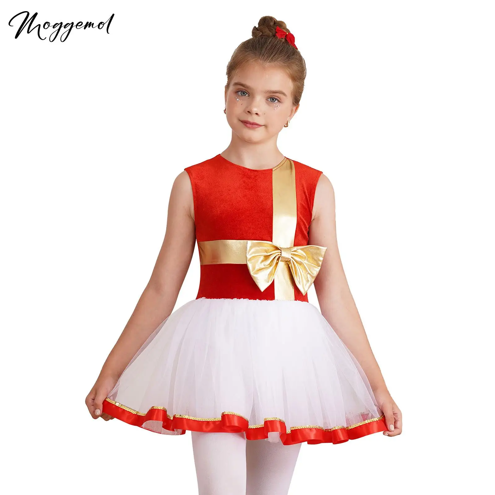 Girls Christmas Dance Costume Tutu Dress Bowknot Ballet Leotards Figure Ice Skating Dress Leotard Stage Performance Dancewear