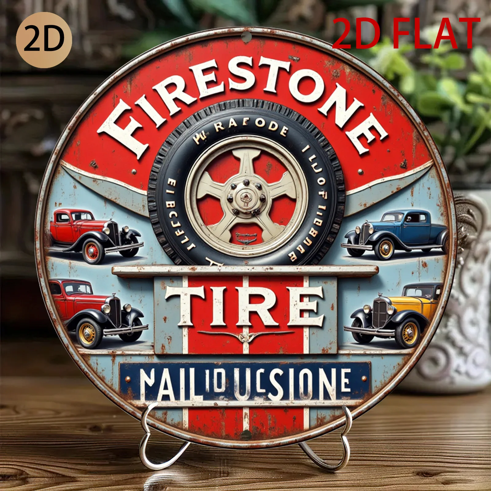 2D Plane Circular Firestone Tire Metal Sign  Car Themed Wall Art for Home Garage or Cafe, 2D Flat, Perfect for Room Decor