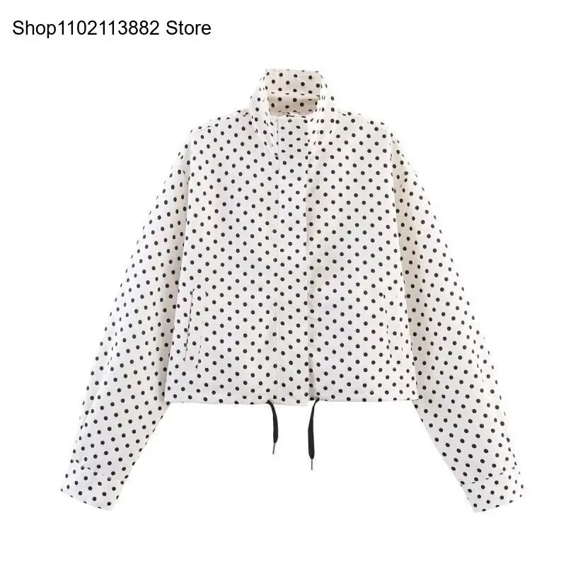 European and American Style Women's Autumn Standing Collar Long Sleeved Jacket Comparison Polka Dot Drawstring Jacket