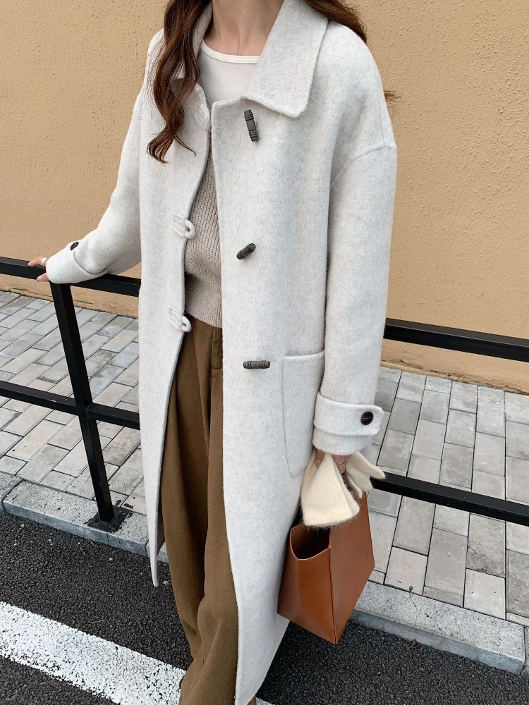 2025 New Double-Sided Wool Coat Autumn Winter Doll Collar Duffle Buckle Long Parkas Korean Casual Loose Thicken Woolen Overcoat