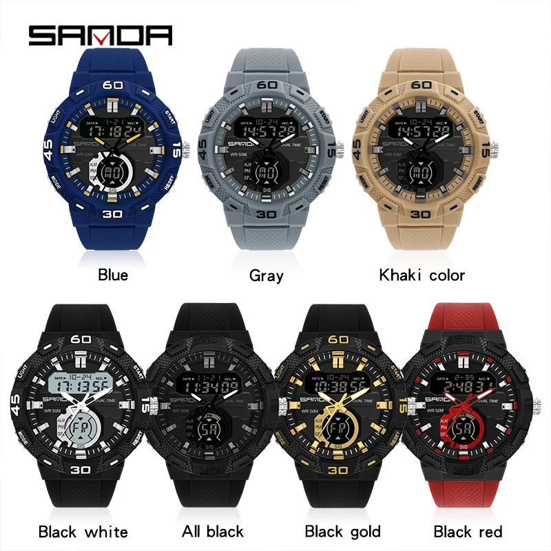 SANDA 3087 New Fashion Sport Watches Dual Display Digital Silicone Strap Quartz Watch For Men 50M Waterproof Military Wristwatch