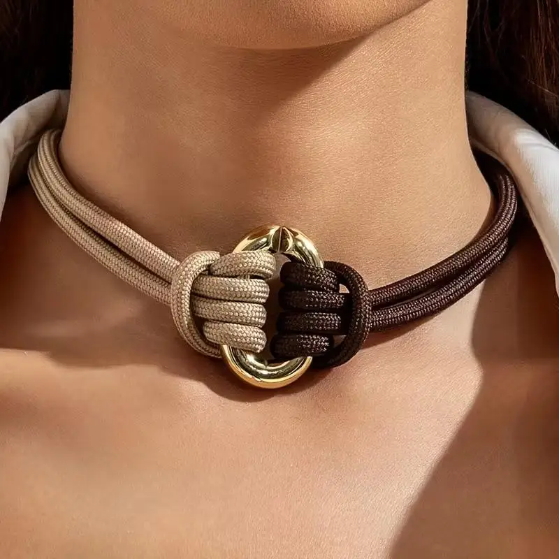 Two Tone Rope Choker Necklace Gold Ring Decor Adjustable Clasp For Women Gift Daily Wear