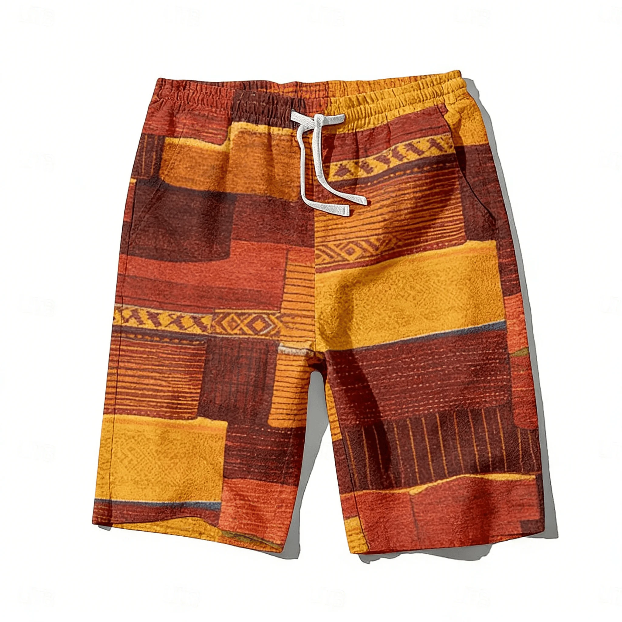 Men's Warm Orange-Brown Color Block Print Drawstring Shorts, Spring Summer Retro Art Casual Shorts, Loose Beach Shorts
