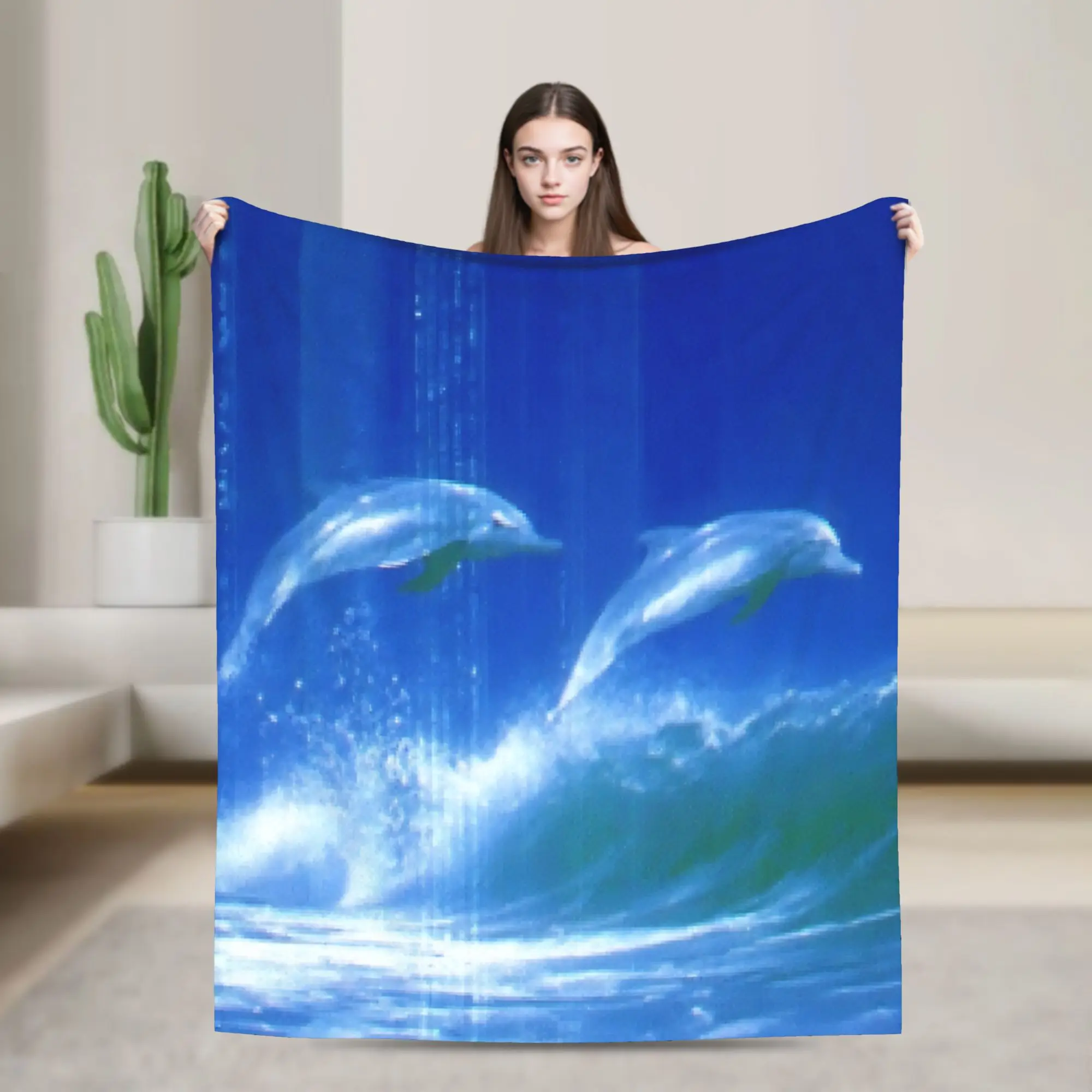 Pixelated Dolphins Frutiger Aero Blankets  Wool Vintage Warm Throw Blanket for Home Autumn/Winter