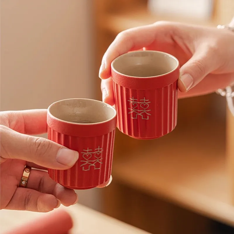 Gift for Newlyweds, Chinese Wedding Tea Set, Red Enamel Double Happiness Cups, High End Bride Dowry Gift for Best Friend, Couple