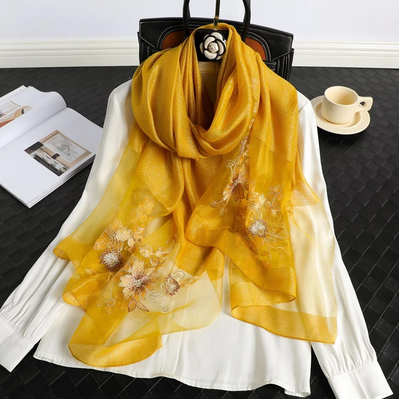 

New Spring Autumn Versatile Silk Wool Embroidered Scarf Embroidered Silk Silk Scarf Wool-blend Scarf Shawl