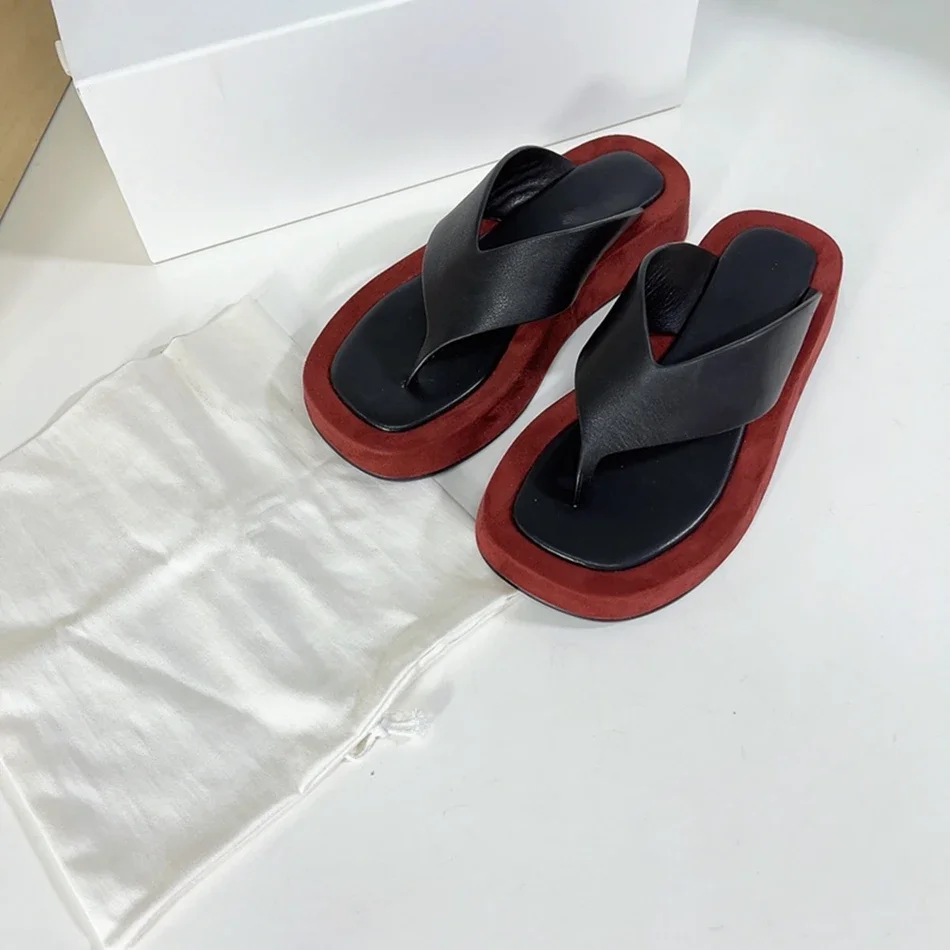 Ginza Flip Flops With Calfskin leather Straps High Quality White Platform Slide Sandal T*R 2024 New Flat Shoes For Women