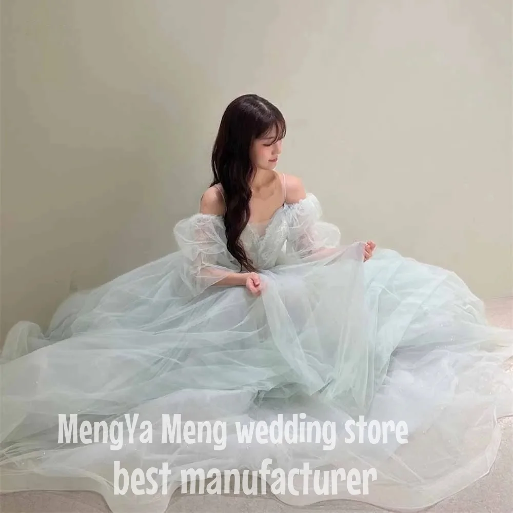 ZHUISHU Fairy Dusty Pale Blue Korea Prom Dresses Spaghetti Straps Puff Long Sleeves Lace Tulle Evening Gowns Wedding Photo shoot